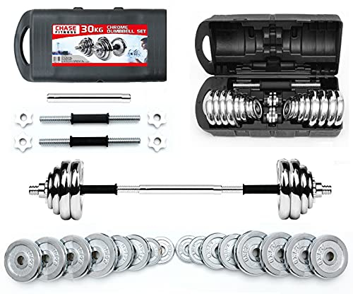 Chase Fitness Chrome Cast Iron Dumbbells Barbell 30kg Free Weights Set for Home Gym