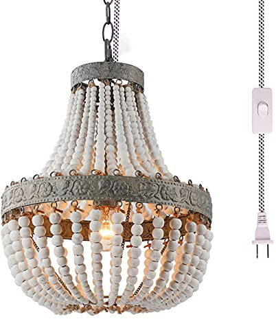 Newrays Holzperlen-Kronleuchter-Anhänger Grau Weiß Finishing Bohemian Boho Beachy Deckenleuchte Leuchten, Plug-in
