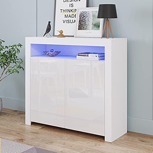 Commode de Eclairage LED Meuble de Rangement avec 4 Compartiments de Stockage + 2 Portes sur Salon, Chambre, 107 x 35 x 97 cm (Blanc)