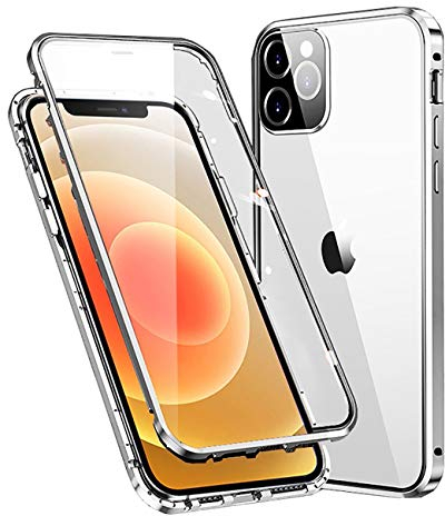 Hülle für Apple iPhone 12 Hülle,Magnetische Adsorption Metallrahmen 360 Grad Full Body Handyhülle Vorne hinten Gehärtetes Glas Schutzhülle Einteiliges Ultra Dünn Flip Transparente Cover,Silber