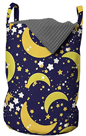 ABAKUHAUS Universum Wäschesack, Halbmond und Stern, Wäschekorb mit Griffen Kordelzugverschluss für Waschsalons, 33 cm breit x 49 cm hoch, Mustard Indigo