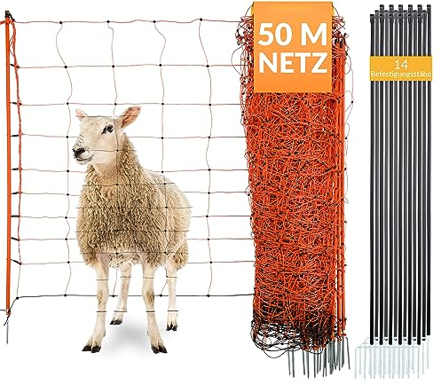 Agrarzone® Schafnetz Schafzaun mit Strom [Orange- 50mx108cm] - Weidezaun Elektro Netz - Mit Doppelspitze & Pfähle - Schutzzaun für Schaf Ziege Lämmer - Elektro Zaun Geflügelzaun Ziegenzaun Schafzäune