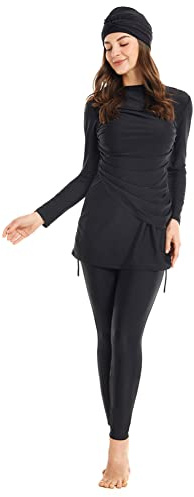 Odizli Burkini Damen Muslim Frauen Modest Bademode Langarm Schwimmoberteile Built in Bra+Schwimmhose+Hijab 3tlg Schwimmanzug