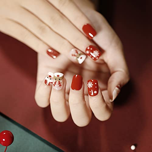 24PCS Christmas Short False Nails with Glue Stickers,Coffin Full Cover Acrylic Press on Nails no Glue,Red Snow Elk French Fake Nails for Women and Girls Nail Art.