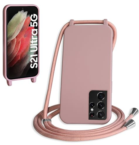WenBaby Coque avec Cordon pour Samsung Galaxy S21 Ultra,Collier pour Étui bandoulière Colliers de cellulaire Mince Antichoc Réglable Lanyard Silicone Case,Couleur Lotus