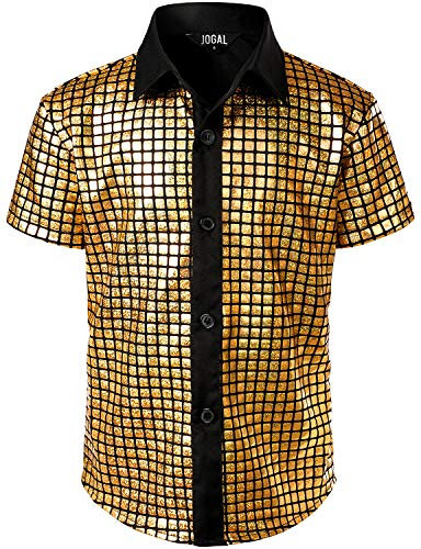 JOGAL Jungen Pailletten Glitzer Hemd Kinder Kurzarm 70s Disco Party Kostüm Jahre 12 Gold