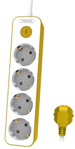 Philips CHP2145Y - Ciabatta a 4 spine, colore: bianco/giallo, cavo da 1,5 metri, interruttore principale, chiusura di sicurezza automatica, indicatore LED di alimentazione