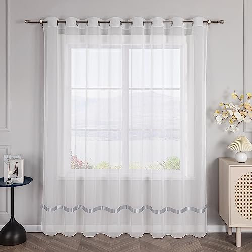 SCHOAL Uni Gardine mit Ösen Transparente Vorhang Weiß Stores Voile Gardine Schal Fensterschal Wohnzimmer Dekoschal mit Satinband 1 Stück BxH 450x170cm Grau