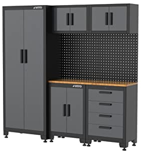 VITO Männerküche - 8-TLG Werkstatteinrichtung Set mit Schubladen ca. 195 x 50 x 200 cm, Garage Werkstatteinrichtung, Werkbank, Werkzeugschrank, Werkbank mit Holzarbeitsplatte - (VIAGC)
