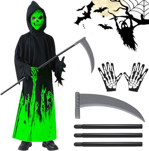 Frasheng Vestito Fantasma Halloween per Bambino,Luminoso Costume Scheletro,Costumi di Halloween per Bambino 10-12 Anni,con 90 cm Falci,per Giochi di Ruolo,Carneval, Nero Verde