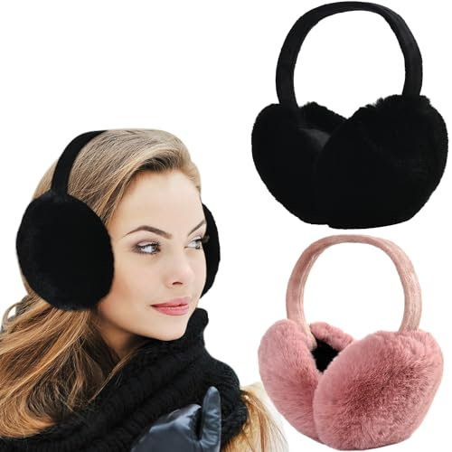 Dwenarry Winter Ohrenschützer Faux Pelz Warme Ohrenschützer Nette Faltbare Outdoor Ohr Wärmer Für Frauen Mädchen, Schwarz / Pink, 6.3