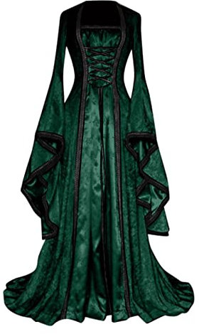 Halloween KostüM Damen Gruselig Damenkleid Retro-Stil, einfarbig, Trompetenärmel, langes Prinzessinnenkleid Mittelalterliche Schuhe Frau (Green, XL)