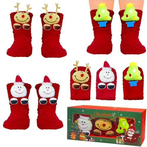 ASSUGO 3 Paar Weihnachtssocken Kinder Antirutschsocken, Warme Socken Kleine Geschenke Adventskalender, Weihnachtssocken Baby, Junge und Mädchen (2-12 Jahre)