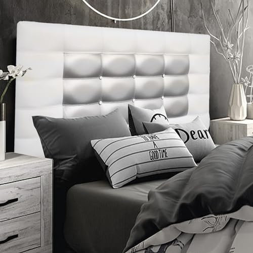 ONEK-DECCO Cabecero de Cama en Polipiel Blanco Plata 125 cm.de Alto-Mod. Florida Largo con Forma de Marco Costura Vista y Botones-Cabecero para cama Niños, Juvenil, Matrimonio. (150x125, Blanco-Plata)