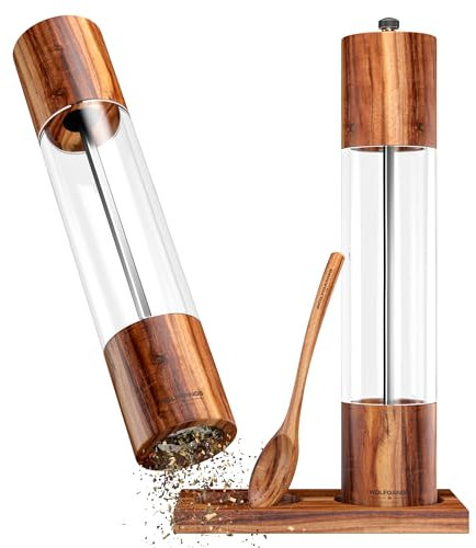 Wolfgangs Salz und Pfeffermühle Groß aus Holz - Edles Gewürzmühlen Set mit Keramikmahlwerk für jede Mahlgröße - Pfeffer und Salzmühle Holz - Pfeffer Mühle mit Extra Untersetzer + Löffel