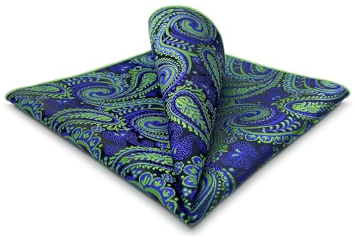 S&W SHLAX&WING Mens Pocket Square Blue Green Paisley Wedding Gift Groomsmen Handkerchiefs