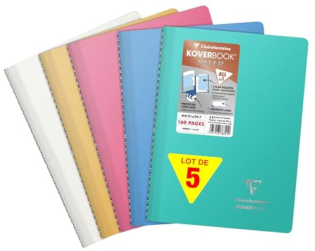 Clairefontaine 376741Cpack - Packung 5 Spiralbuch Koverbook Silver mit Spiralbindung, DIN A4, 80 Blatt, liniert, 90g, umlaufender Einband aus blickdichtem Polypropylen, farbig sortiert, 1 Pack