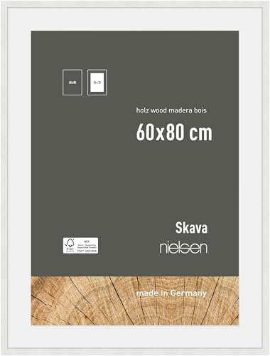 nielsen Bilderrahmen mit Passepartout, 60 x 80 cm, Holz, Weiß, Posterrahmen zum Aufhängen im Hoch- & Querformat, Echtglas, Skava