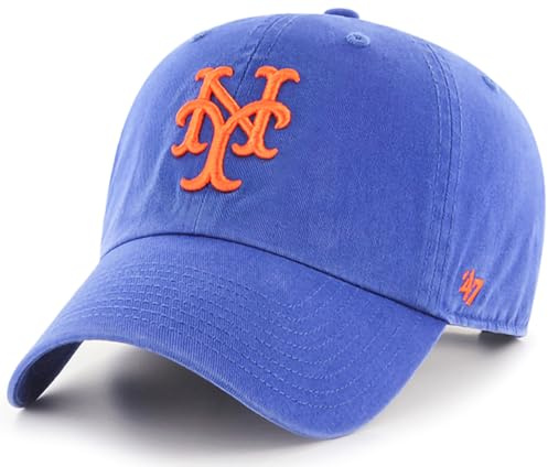 47 Brand MLB Cooperstown Primary Logo Clean Up Adjustable Baseball Cap Hat, Adult One Size Fits All, New York Mets, One Size