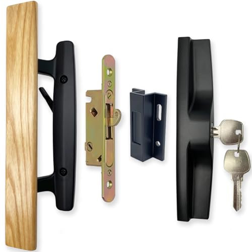 ALLYWASAI Sliding Patio Door Handle Set with Mortise Lock, Key Cylinder and Keeper, Wood Handle Lock Set Fits Door Thickness from 1-1/2 to 1-3/4, 3-15/16 Screw Hole Spacing, Black