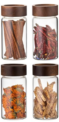 Foyofly Glass Jars with Lid Spice Jars With Screw Wooden Lids Airtight Kitchen Storage Jar Canister for Sea Salt Paprika Herbs Cinnamon Coffee Seasoning Fermenting Pickling