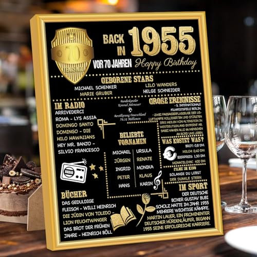Benjia Geschenk 70 Geburtstag Mann Frau - Back in 1955 Gold Rahmen Gerahmt Poster Germany - 70. Geburtstag Geschenk Bild Karte Schild Dekoration Geburtstagszeitung Frauen Männer (20x25cm,Schwarz)