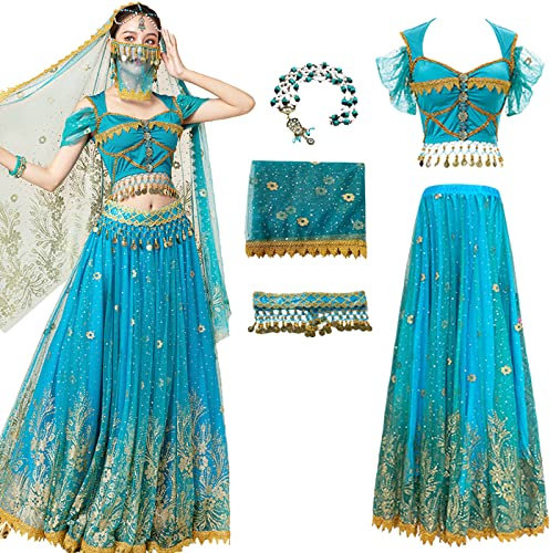 Hallojojo Damen Prinzessin Jasmin Kostüm mit Zubehör Arabische Prinzessin Verkleidung Prinzessin Aladdin Kostüm Bauchtanz Outfit Halloween Karneval Party Bühnenauftritt Kostüm für Erwachsene