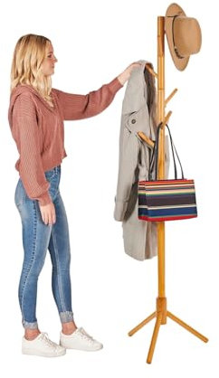 MEILEWLE Portemanteau autoportant, avec 6 crochets et 3 tailles réglables en bois massif, facile à assembler pour chambre, couloir, entrée, bureau, pour chapeaux, manteaux (01 - Natural)