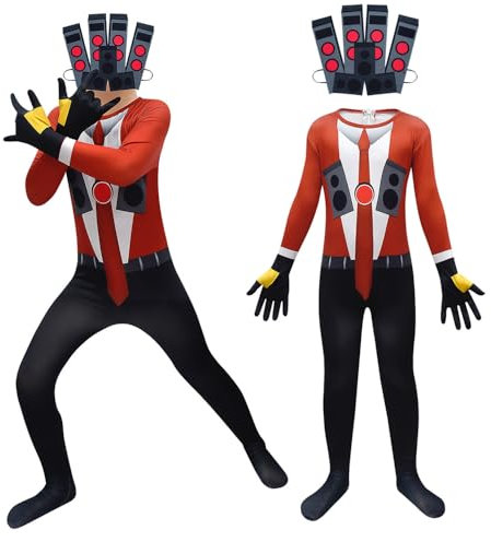 LIUWAZJ Toilet Cosplay Costume for Boy TV Speakerman Cosplay Kid Video Game Jumpsuit Mask for Halloween Party Fancy Dress Outfit 6-11 Years (150cm / 9-10 Years)