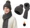 Mützen Set Damen Winter - Schal und Mütze 2 In 1 Gestrickte Lange Knit Winterschal Beanie Mit Bommel Fleece Gefütterte Pudelmütze Strickschal Winteranzug Grau