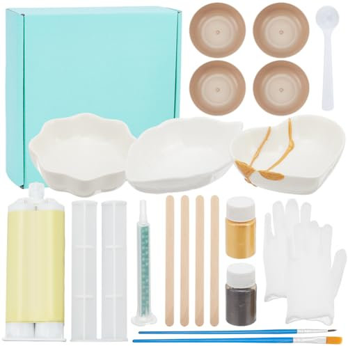 WEBEEDY Kintsugi Repair Kit 19 Pcs Gold & Silver Ceramic Repair Kit for Beginners DIY Kintsugi Repair Starters,Complete Kintsugi Repair Kit Japanese Art Gift for Broken Ceramics Glass Jade Sculptures