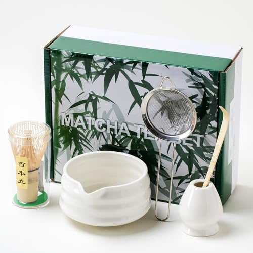 NEKIT Matcha Whisk Set, Unique Matcha Set - Matcha Bowl Matcha Whisk and Whisk Stand, Traditional Tea Scoop, The Perfect Ceremony Start Up Set to Prepare an Authentic Cup of Matcha (White)