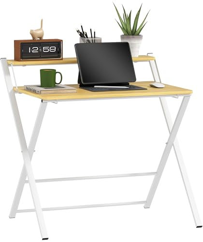 Homcom Scrivania Salvaspazio per Computer, 86x66 cm, Pieghevole da Ufficio Moderna con Ripiano Rialzato e Gambe a X, Piccola Porta PC per Studio in Legno e Acciaio, Color Legno