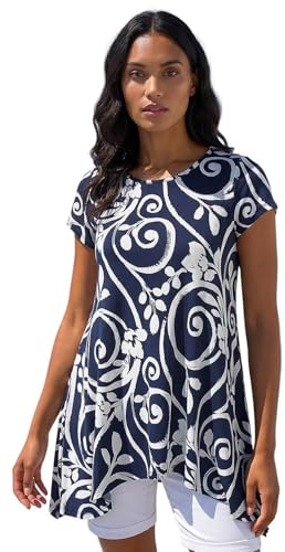 Roman Originals Hanky Hem Tunic Top for Women UK - Ladies Longline Blouse Asymmetric Hemline Short Sleeves Casual Slouch Loose Summer Spring Relaxed Comfortable - Navy Floral - Size 20