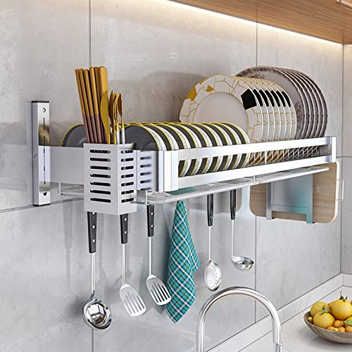 Stainless Steel Kitchen Storage Rack, Wall-Mounted Dish Drainer with Drip Tray, Cutlery and Cutting Board Holder, Space-Saving Dish Drying Rack