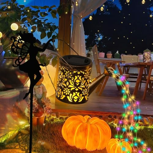 QINGLANG Solar Watering Can with Moon Fairy Light Garden Decor Solar Elf Butterfly Garden Lights Waterproof Gardens Ornaments Outdoor Decorations for Pathway Lawn Patio Courtyard(Colorful Light)