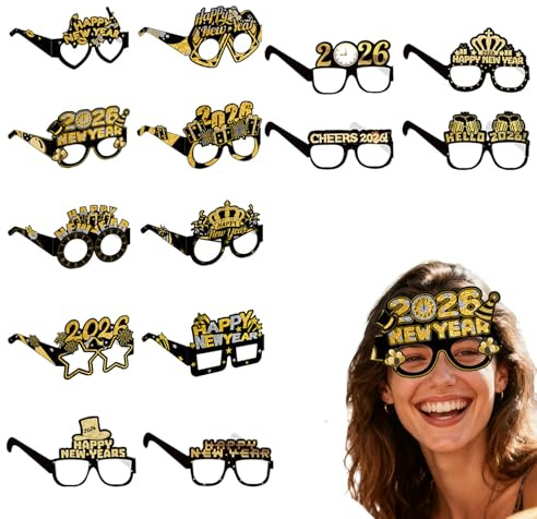 PLATEYTR Neujahrsbrille 2026 Set 14 Stück Silvester Brille Schwarz Gold Verschiedene Designs für Erwachsene Partyzubehör für Silvesterfeier Familienfeier Dekoration Neujahrsabend