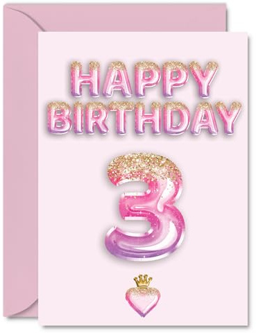 3rd Birthday Cards for Girls and Boys, Pink & Purple Glitter Balloons | Happy Birthday Card for 3 Year Old Boy Girl Brother Niece Granddaughter Sister, A5 Bday Greeting Cards