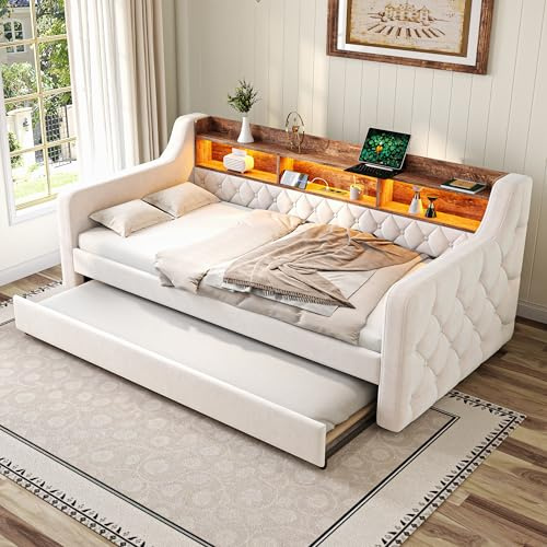 RIAZOS Upholstered Bed with Pull-Out Bed, 3ft Daybed Sofa Bed 90x190 cm with Storage, LED Ambiance & USB-C Port, Slatted Frames & Metal-Wood Frame,for Bedrooms,Guest and Youth Rooms ﻿ ﻿ (Beige)