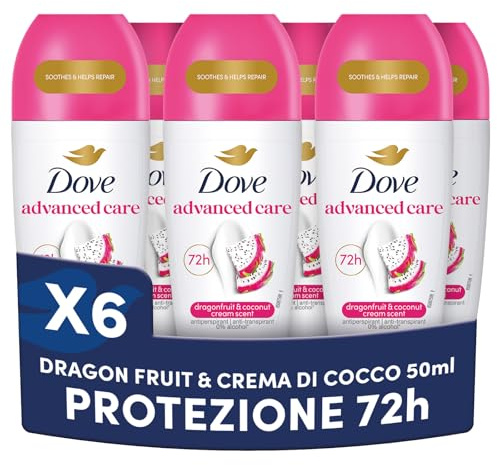 Dove Deo Roll On Advanced Care Dragon Fruit & Coconut Cream, Deodorant 72 Stunden, Schutz von Schweiß und Gerüchen, feuchtigkeitsspendende und sanfte Formel, repariert die Haut nach der Rasur, 6 Stück