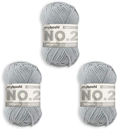 myboshi No.2 Baumwolle zum Häkeln, Baby Wolle, vegane Wolle zum Stricken, 60 Grad waschbar, für Baby und Amigurumi, 50g, Ll 100m Grau (Silber) 3 Knäuel
