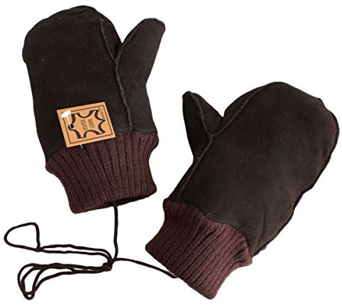 Sonia Originelli Kinder Fausthandschuh Leder Band Schaf Lammfell Strick Farbe Braun, Größe 4