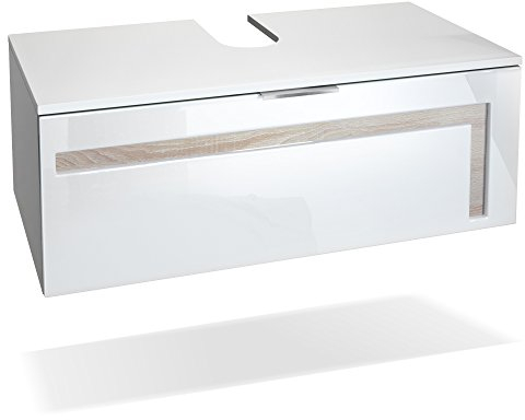 Vladon Waschtisch Waschbecken Unterschrank Aloha V2, Made in Germany, Korpus in Weiß matt/Fronten in Weiß Hochglanz mit Absetzungen in Eiche sägerau