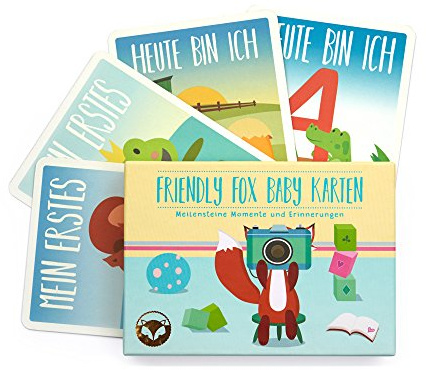 Friendly Fox Baby Meilensteine Karten, Meilensteinkarten Baby | 38 verschiedene Fotokarten, DIN A6, hangezeichnete Motive, inkl. stabiler Geschenkbox