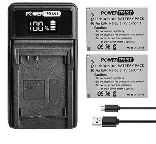 PowerTrust 2Pack NB-5L Battery and LED USB Charger for Canon S110 SX200 SX210 SX220 SX230 IS HS IXUS 850 870 800 860