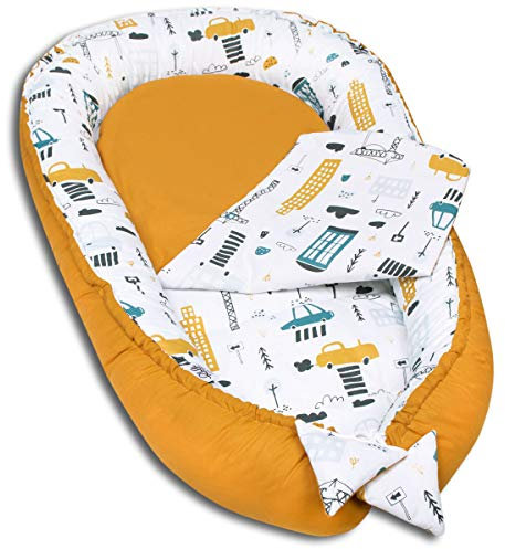 PALULLI® Babynest, multifunktionales Kuschelnest mit Weiches zusätzlicher Matratze, Kokon, Nestchen, Babybett, Reisebett für Neugeborene, 100% Baumwolle Oeko-TEX … (The Cars)