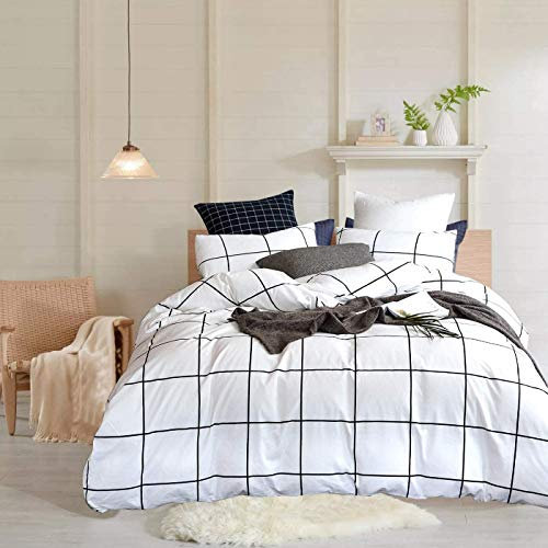 Sacebeleu Bettwäsche Kariert 135x200cm 4teilig Schwarz Weiß Gitter Karo Geometrisch Wendebettwäsche Set,2 Moderne Bettbezug und 2 Kissenbezüge 80x80cm mit Reißverschluss