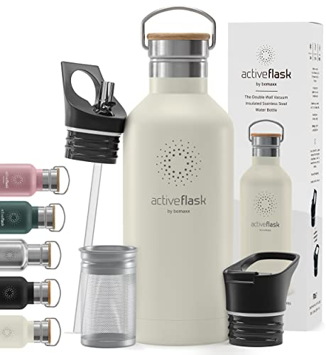 Botella de Agua Térmica ACTIVE FLASK + Pajita (3 Tapones) sin BPA - 1l & 500ml | Frasco Termo de Acero Inoxidable + Aislamiento Vacío | Cantimplora Aislada Bicicleta Deporte Caliente Fría Café Té