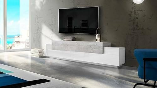 Dmora - TV-Schrank Nico, niedriges Wohnzimmer-Sideboard, Fernsehständer-Basis, 100 % Made in Italy, 240 x 45 x 52 cm, glänzendes Weiß und Beton,
