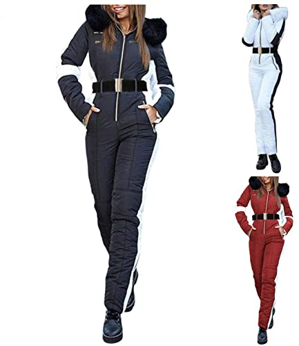 Skianzug Damen Einteiliger - Winter Warme Schnee Skifahren SäTze Outdoor-Waterproof-Jumpsuit-Langer Overall Mit Kapuze-Snowboard Skisuit-SkianzüGe Wasserdicht Verdicken Schneeanzug Ski Suit